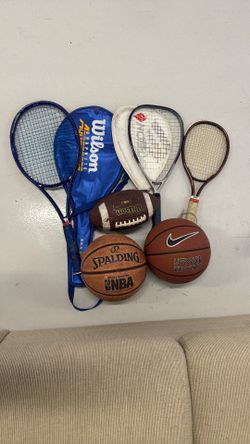 (2) Basketballs 🏀 (1) Football 🏈 (2) Racquetball Rackets (Tennis) racquet
