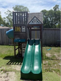 Large Wooden Playset with Double Slide, Tube Slide & Swings