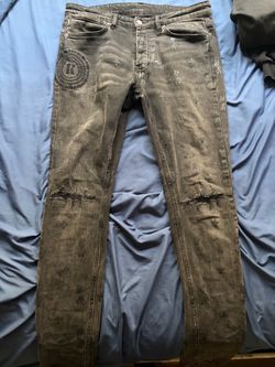 Dark Wash Distressed Graphic Denim Jeans