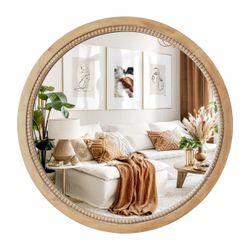 Round Wall Mirror with Beaded Wood Frame
