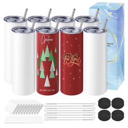 8 Pack Sublimation Tumblers Blank 20 oz Straight Skinny with Sublimation Papers, Lids and Straws, Shrink Wrap Films, Stainless Steel Double Wall Insul