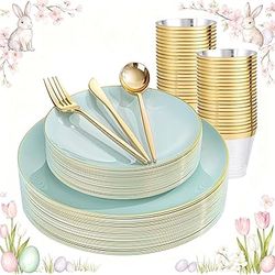 bUCLA 150PCS Disposable Plastic Dinnerware Set - Light Green and Gold