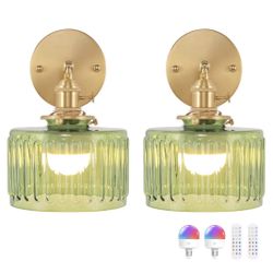 Vintage Battery Operated Wall Sconce with Green Striped Glass Lampshade 5000 mAh Rechargeable Battery Powered Wall Light with Remote Control for Bedsi