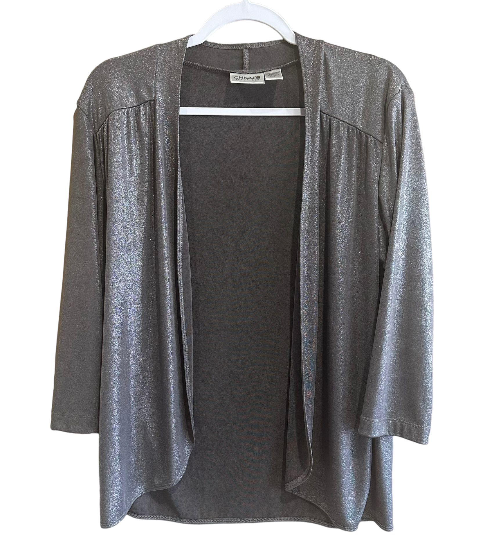 Chico's Travelers Size 1 Women’s 8 Silver Shimmer 3/4 Sleeve Open Front Cardigan