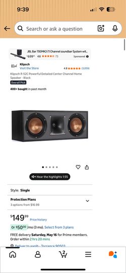Klipsch R-52C Powerful Detailed Center Channel Home Speaker - Black