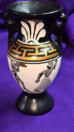 Vintage Small Greek Pottery Urn Featuring a Black-Figure Classic Mythology Design, Often used as a Bud Vase M1B008