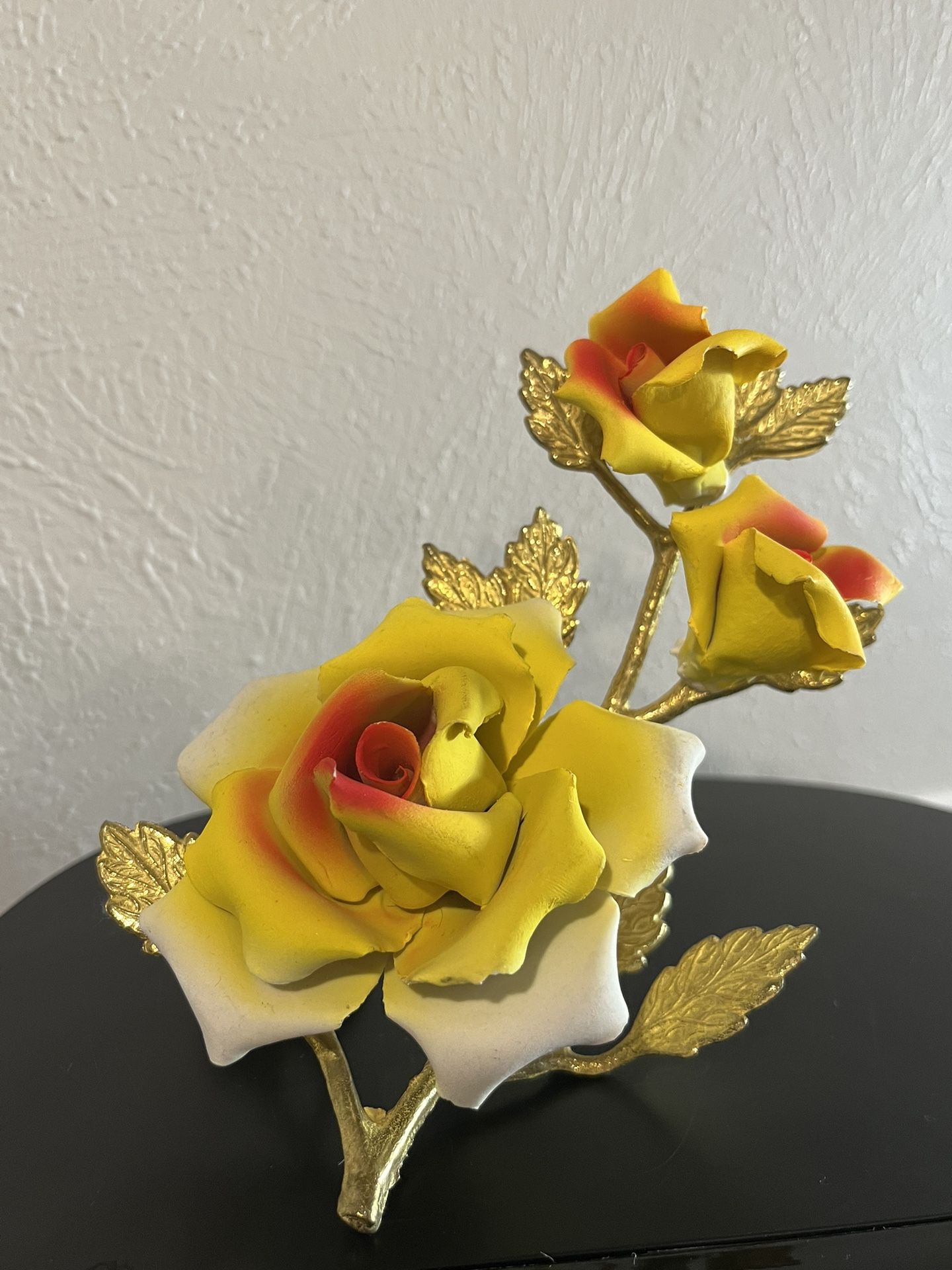 Vintage Porcelain Yellow Roses On Gold Metal Leaves