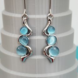 Blue Cat Eye And Silver Tone Metal Dangly Pierced Earrings 