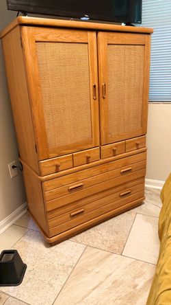 Oak Wood Armoire Dresser with Wicker Panel Doors