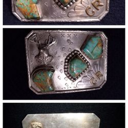 VINTAGE 1970'S SOLID STERLING SILVER BELT BUCKLE WITH TURQUOISE STONES