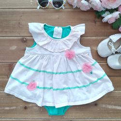 12MOS TWO-TONE DARK SEAFOAM GREEN & MUTED LIGHT PINK FRONT HALF DRESS W/ATTACHED BODYSUIT 