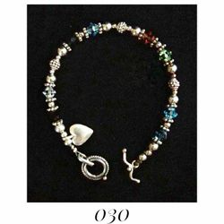 7" Southwestern Sterling Silver & Multi-colored Faceted Lucite Beads w Sterling Silver Heart Charm Bracelet with Toggle Clasp. Made in USA
