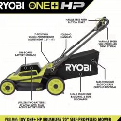 RYOBI ONE+ HP 18V Brushless 20 in. Cordless Battery Walk Behind Self-Propelled Lawn Mower w/ (2) 4.0 Ah Batteries and Chargers