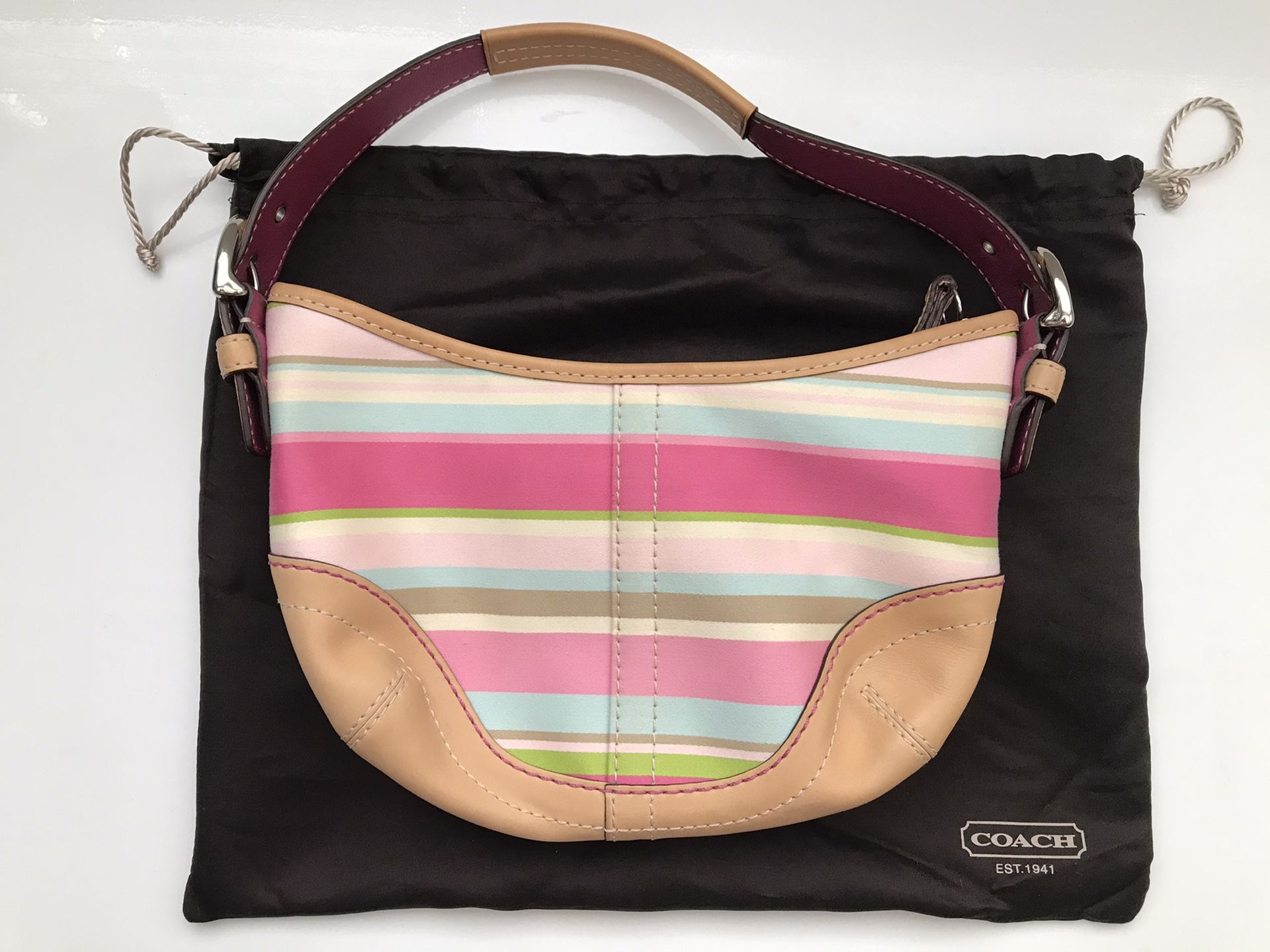 COACH PINK BLUE STRIPE FABRIC PURSE NATURAL LEATHER ACCENTS SMALL SOHO HOBO BAG.