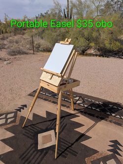 Portable Artist French Easel Box With Wooden Color Palette And A Couple Blank Canvases $35