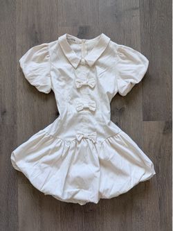 Cream Puff Sleeve Bow Accent Mini Dress w/ Back Tie Waist & Bubble Hem 🤍✨