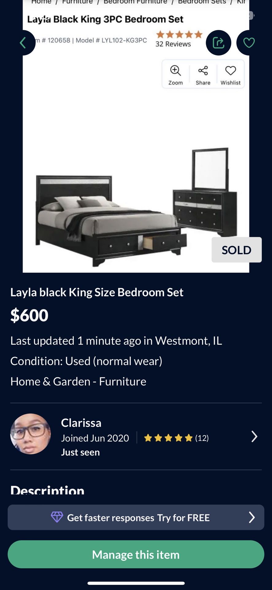 Layla black King Size Bedroom Set