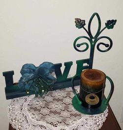 X3 VINTAGE ORNATE PEACOCK PAINTED FLOWER BEADED LOVE SIGN METAL JEWELRY CANDLE PILLER HOLDER SET