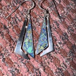 Vintage Taxco 925 Sterling Silver Triangular  Earrings with Turquoise Inlay