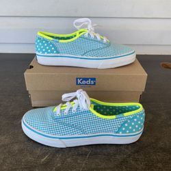 Keds Original Sneakers Lace Up Blue/Aqua Gingham/Polka Dot Shoes Womens Sz 7