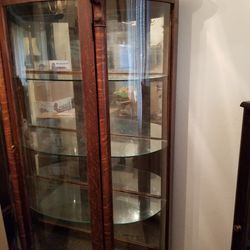 Antique Dark Oak Tiger Wood Lion Head Curved Glass Curio China Cabinet