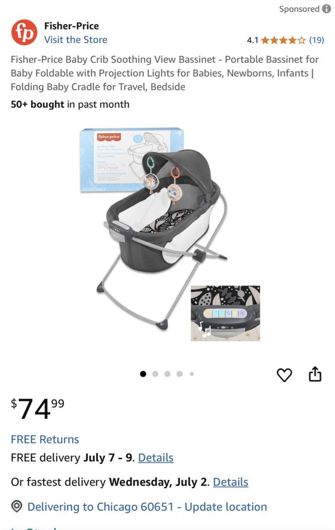 Fisher-Price Baby Crib Soothing View Bassinet - Portable Bassinet for Baby Foldable with Projection Lights for Babies, Newborns, Infants | Folding Bab