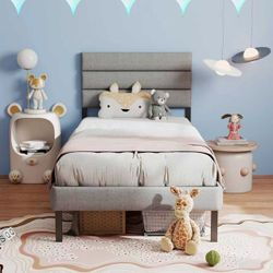 Twin Bed Frame with Linen Upholstered Headboard, Metal Platform Bed Frame, Grey