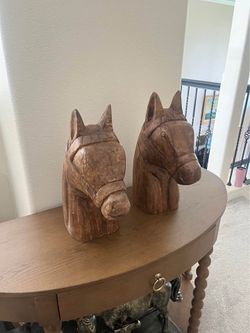 Vintage solid wood horse head statues pair rustic home decor rustic