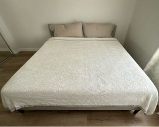 Grey Fabric Upholstered Bed Frame + Gel Memory Foam Mattress Set King Size
