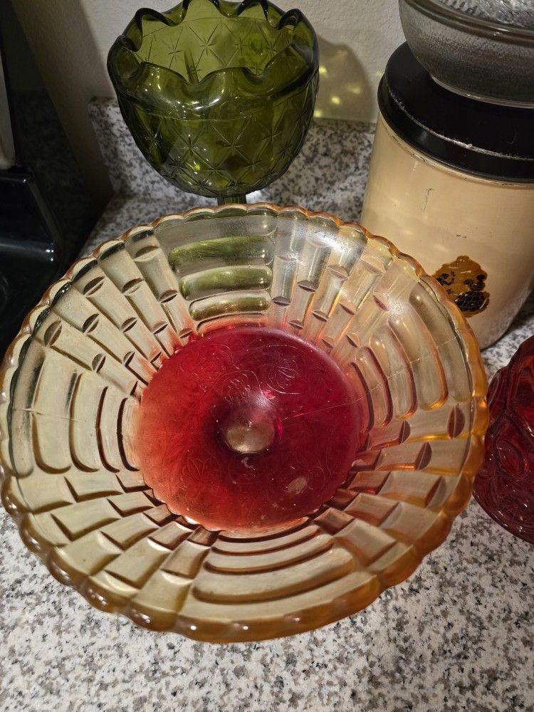 Vintage Amberina Glass Fruit Bowl Vase On Pedastal