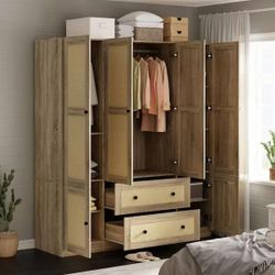FUFU&GAGA 6-Door Rattan Armoire Wardrobe Closet w/ 7-Shelves 2-Drawers and 2-Hanging Bars 63 in. L Wooden Wardrobe Clothes Cabinet（KF260135-01+02)