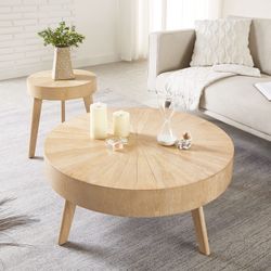 Gexpusm 2-Piece Solid Wood Coffee Table Set, Rustic Round Farmhouse End Tables for Living Room