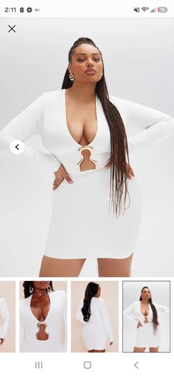 White Plunge Bodycon Mini Dress with Gold Hardware