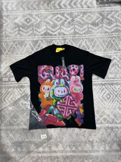 Guapi black cotton t-shirt with colorful cartoon characters graphic