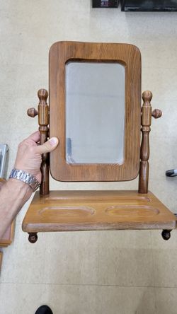 Vintage Wooden Tabletop Swivel Vanity Mirror Dressing Table Shaving Mirror Tray