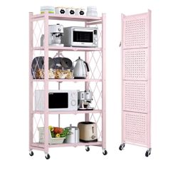 COOKCOK 5-Tier Storage Shelving Unit, Metal Shelf 27.9"x13.4"x62.5, Foldable Storage Shelf with Wheels, Garage Shelf, Kitchen Shelf with 4 Hooks, No A