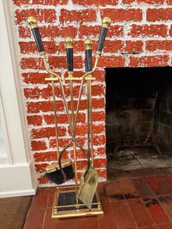 Vintage Solid Brass Fireplace Tool Set with Stand – 4-Piece Hearth Accessory