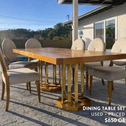 Modern Wood & Gold Dining Table + 8 Chairs – Used