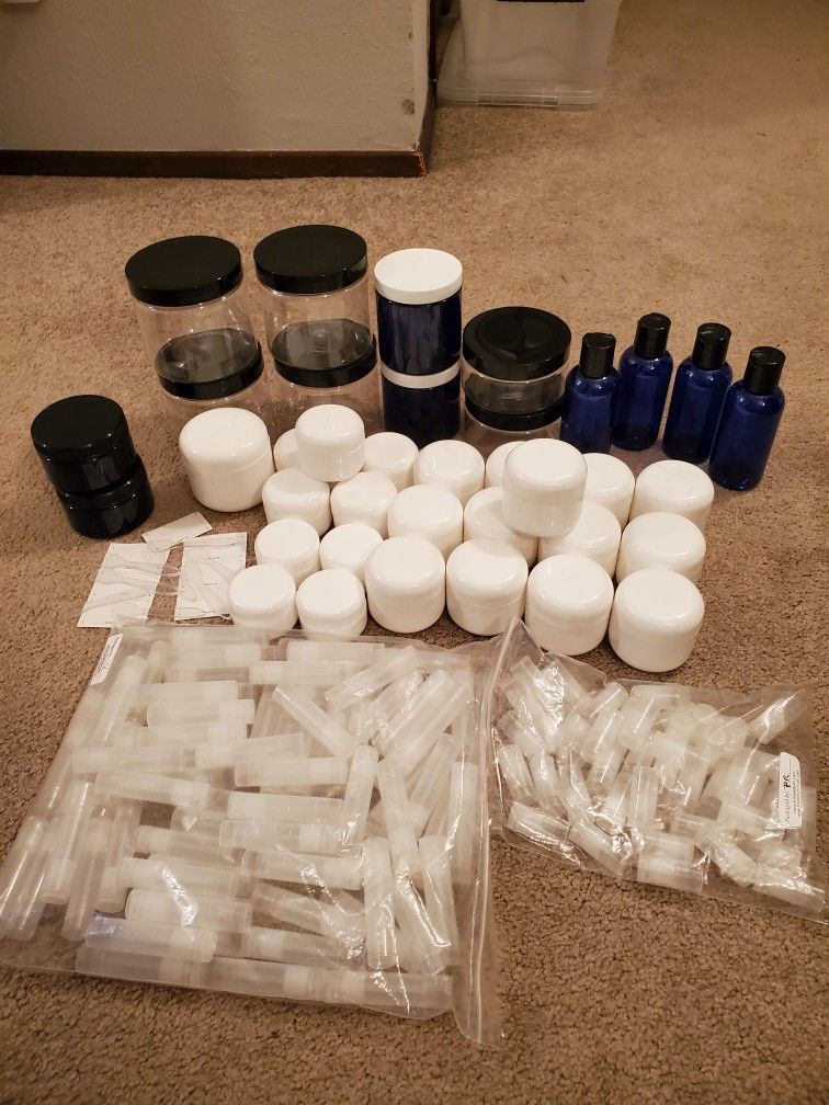 Cosmetic supplies, plastic jars, lip balm tubes & squeeze bottles