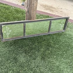 Antique 3 Panel Floral Etched Glass & Wood Piano/ Buffet/ Mantle Mirror • 4ft.