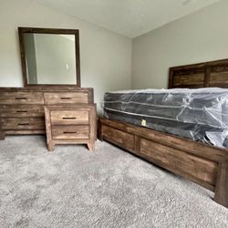 PRICE MATTERS!.. 4 PIECE QUEEN SET $595!..5 PIECE SET $725! PRICE INCLUDES DELIVERY!!  4 piece set includes bed frame , dresser, mirror and nightstand