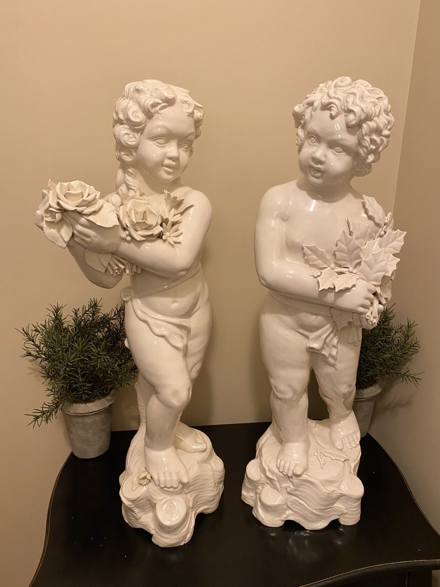 Beautiful Pair of Vintage Large Italian Porcelain Putti Figures - 24” Tall