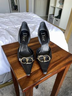 Dior Black Satin Heels with Silver Buckle — Size [fill in]
