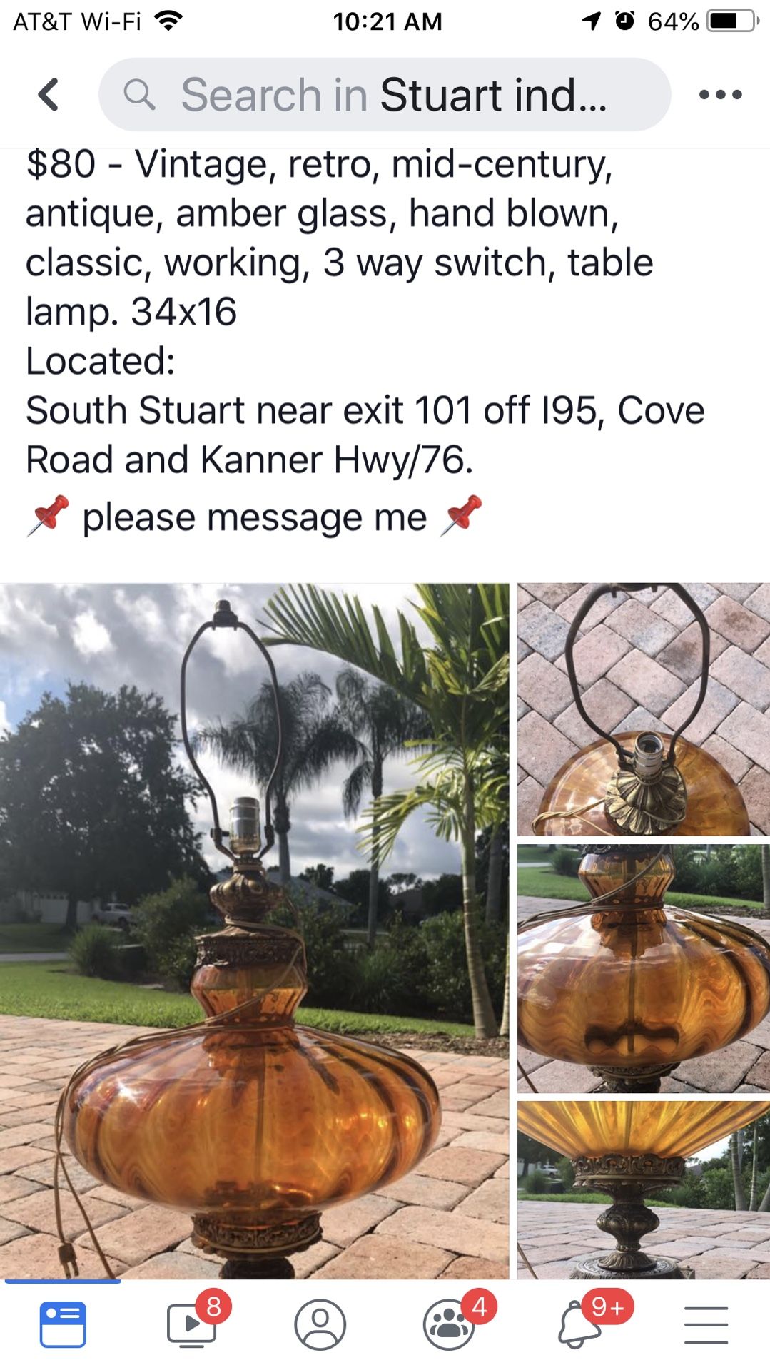 Retro vintage antique amber glass lamp mid-century