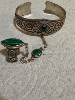 925 Sterling Silver Malachite Slave Bracelet & Ring Set Vintage Boho Jewelry
