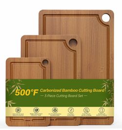 Bamboo Cutting Board for Kitchen, 3-Piece Set with Juice Grooves, Side Handles & Non-Slip Mats – Durable Bamboo Chopping Board for Meat, Vegetables an