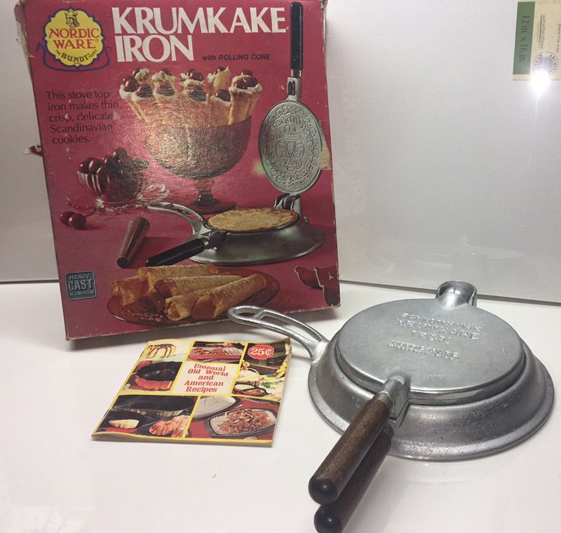 Vintage Scandinavian Nordic Ware Krumkake Iron with Wood Handle + Stand In  Box