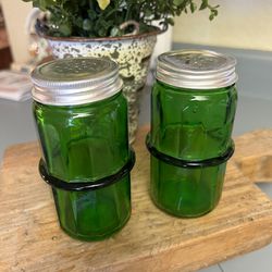 Vintage  Green Glass  Salt And Pepper Shakers