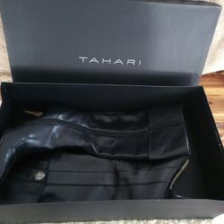 KNEE HIGH WOMEN'S BOOTS 8.5 TAHARI $119 ZIP BLACK LEATHER