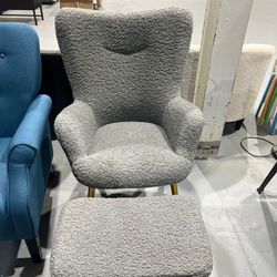 Boucle Accent Chair and Ottoman Set, Sherpa Armchair with Golden Metal Legs, High Back Reading Chair and Footstool for Living Room, Bedroom, Lounge, G